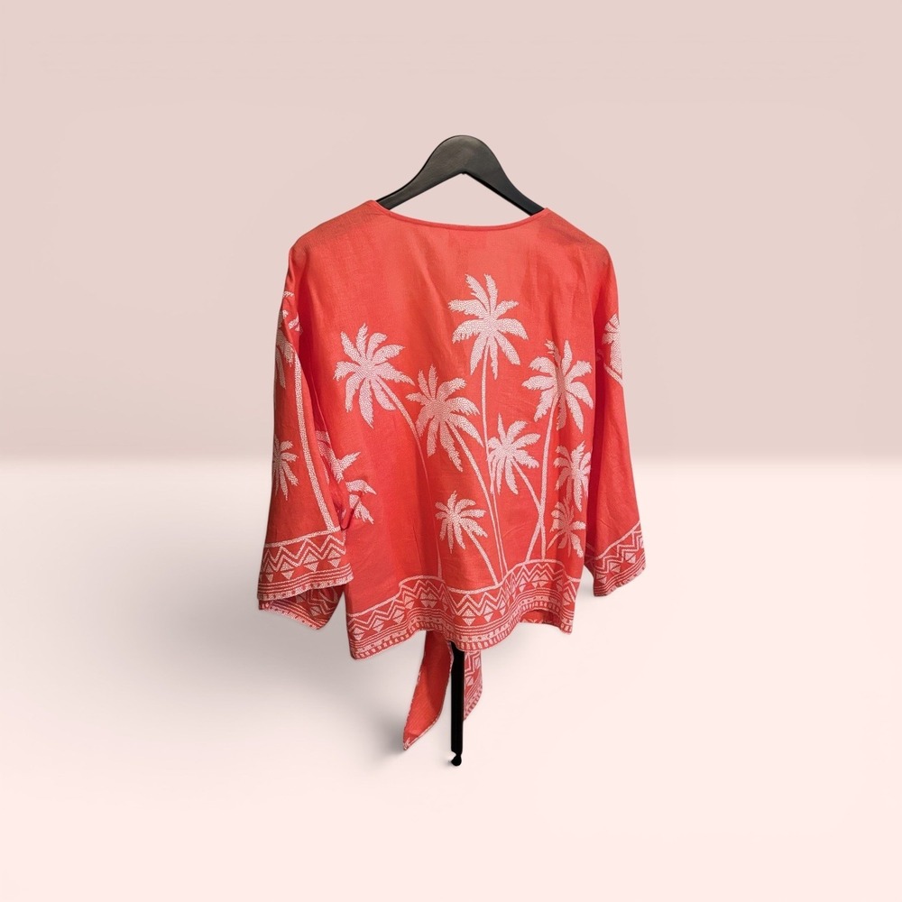 Bellissima Kim Gravel Coral Pink Palm Tree Linen Blend Tie Front Top Pants SET - Picture 3 of 14